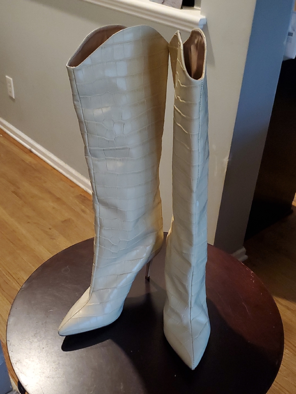Schutz Maryana  Women's Tall Pointed-Toe LCroc-Embossed Knee-High Boots - Cream
